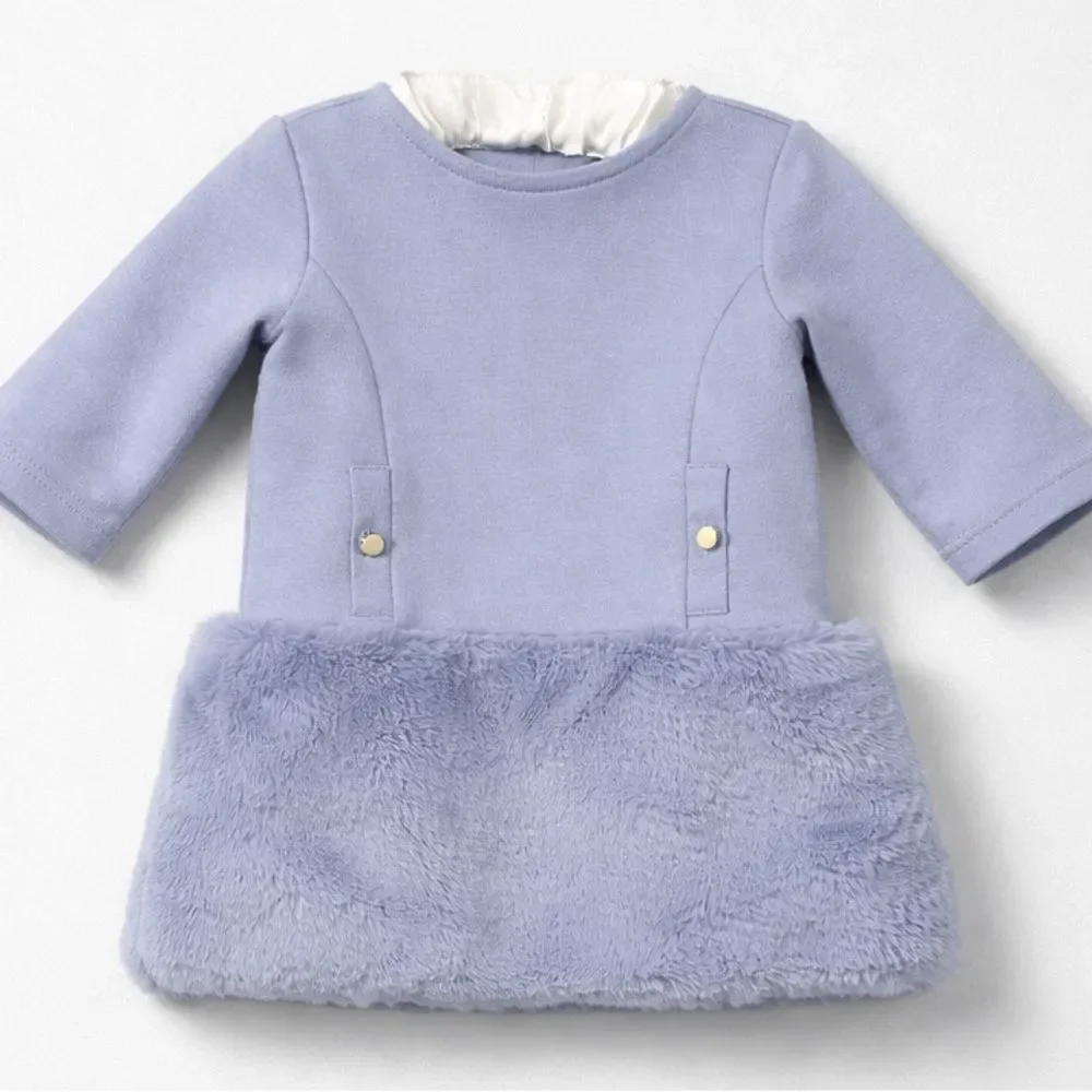 Janie and Jack blue long sleeve knit shift dress with faux fur skirt size 12-18m